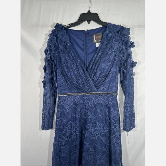 NEW $798‎ Mac Duggal [ 8 ] Floral Applique Long Sleeve Wrap Gown Blue - Picture 4 of 16